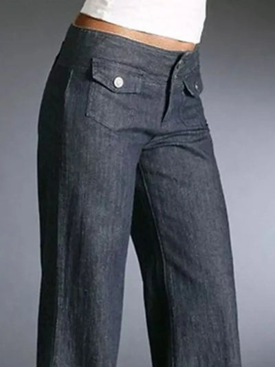 Back view of Full Size High-Waisted Wide Leg Wash Jeans, showing the structured waistband and flattering fit.