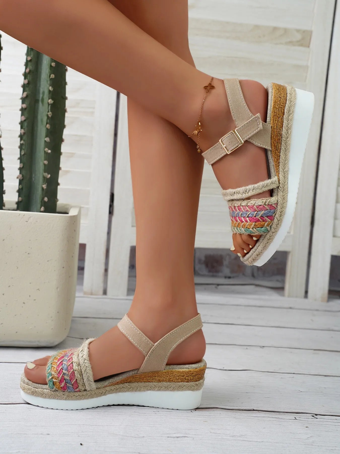Close-up of the braided strap detail on Braided Rainbow Platform Wedge Sandals, showing vibrant colors and craftsmanship.