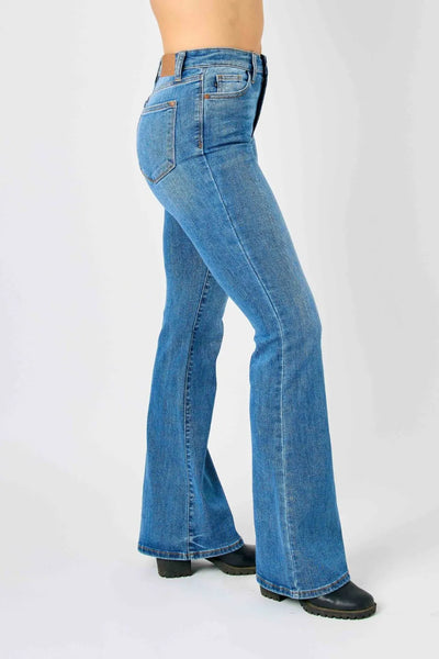Back view of the jeans, showing the high-rise waist and classic flare cut of Judy Blue full-size jeans.