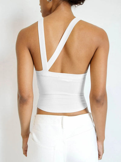 White asymmetrical back ribbed crop tank top for women, featuring crisscross straps, fitted silhouette, and ribbed texture, perfect for casual or layered outfits in warm weather