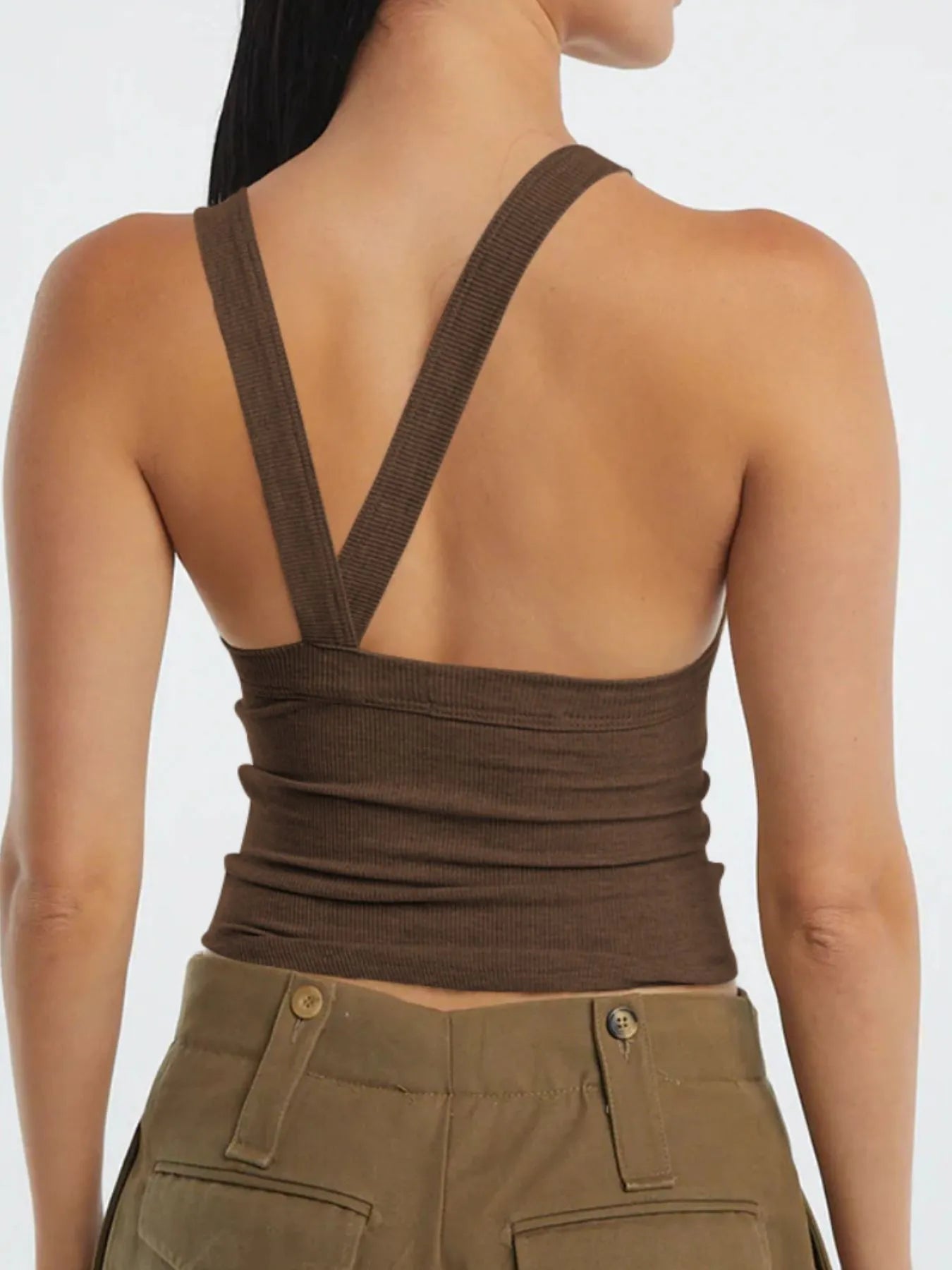 Light khaki asymmetrical back ribbed crop tank top for women, designed with ribbed texture and a fitted silhouette, perfect for casual summer outfits or stylish layering