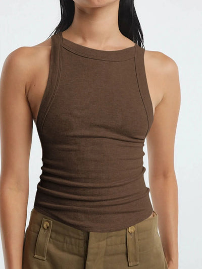 Light olive asymmetrical back ribbed crop tank top for women, featuring a fitted ribbed texture and stylish back design, perfect for casual summer outfits or layering