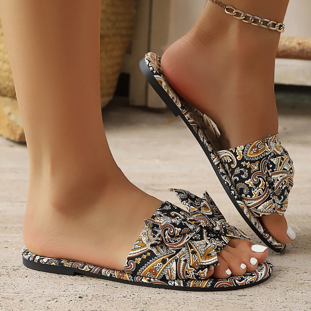bow-printed-open-toe-flats-sandals-multicolor-floral-pattern-side-view