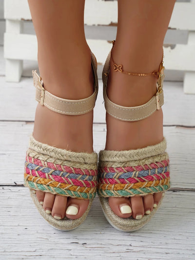 Front view of Braided Rainbow Platform Wedge Sandals, featuring vibrant rainbow braided straps and platform sole.