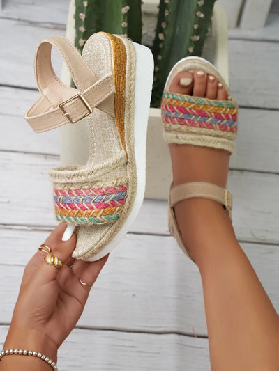 Model wearing Braided Rainbow Platform Wedge Sandals, showcasing the fun, colorful design and casual style.