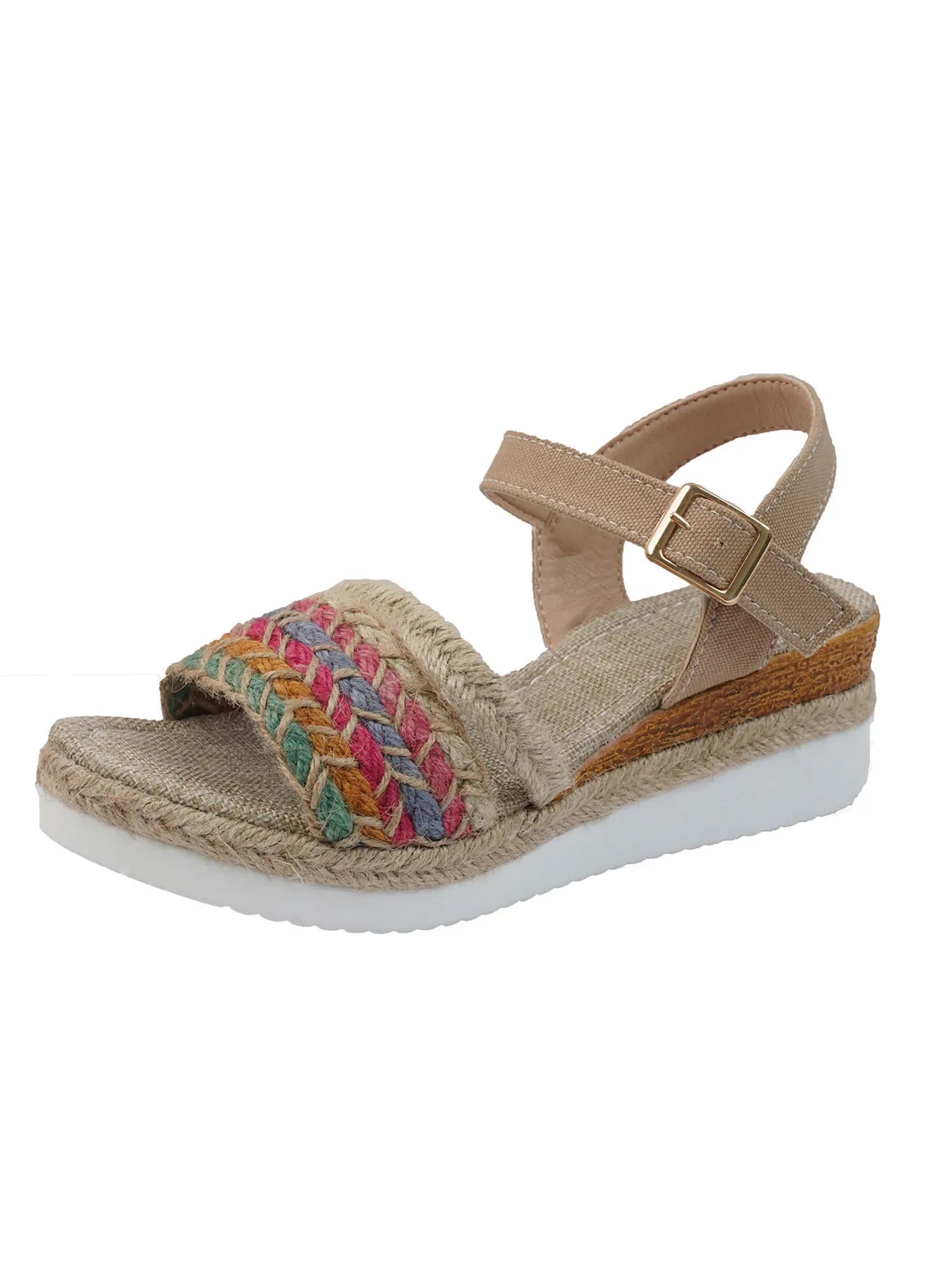 Side view of Braided Rainbow Platform Wedge Sandals, showcasing the stylish wedge design and colorful straps.