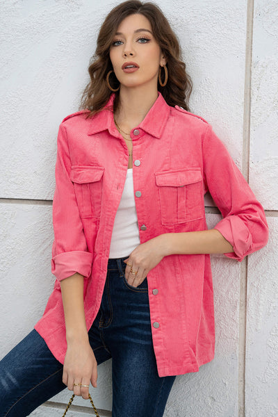Model wearing Button Down Collared Jacket, showcasing the fit, collar, and overall style.