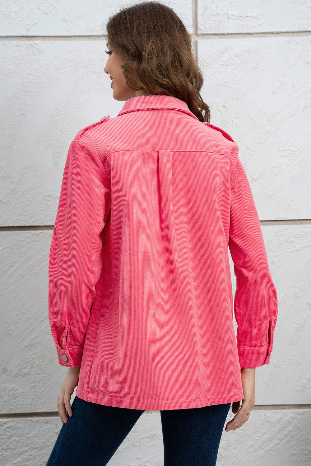 Side view of Button Down Collared Jacket, showing the relaxed fit and sleek design.