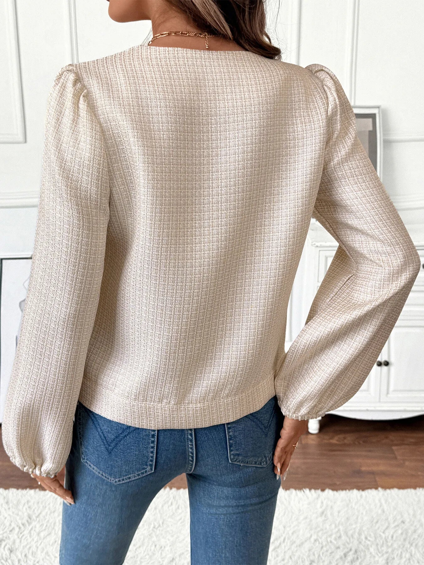 Close-up of collar and neckline on Button Front Jacket with Pocket Details, highlighting design details.