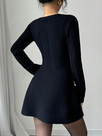 Full-body view of model wearing Button Front V-Neck Knit Dress, showing overall fit and style.
