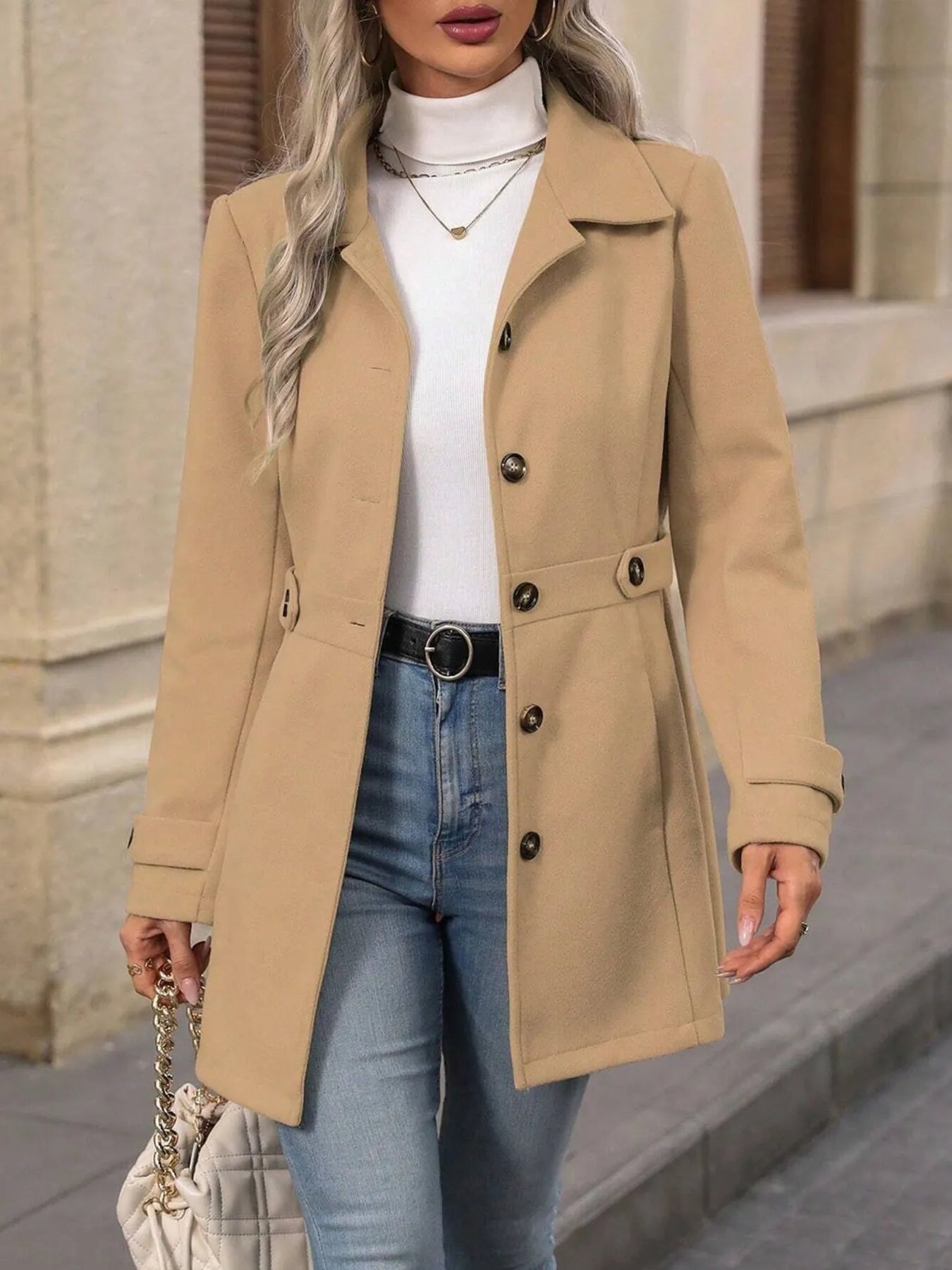 Full-body view of model wearing Button Up Long Sleeve Coat, showing overall fit and styling.