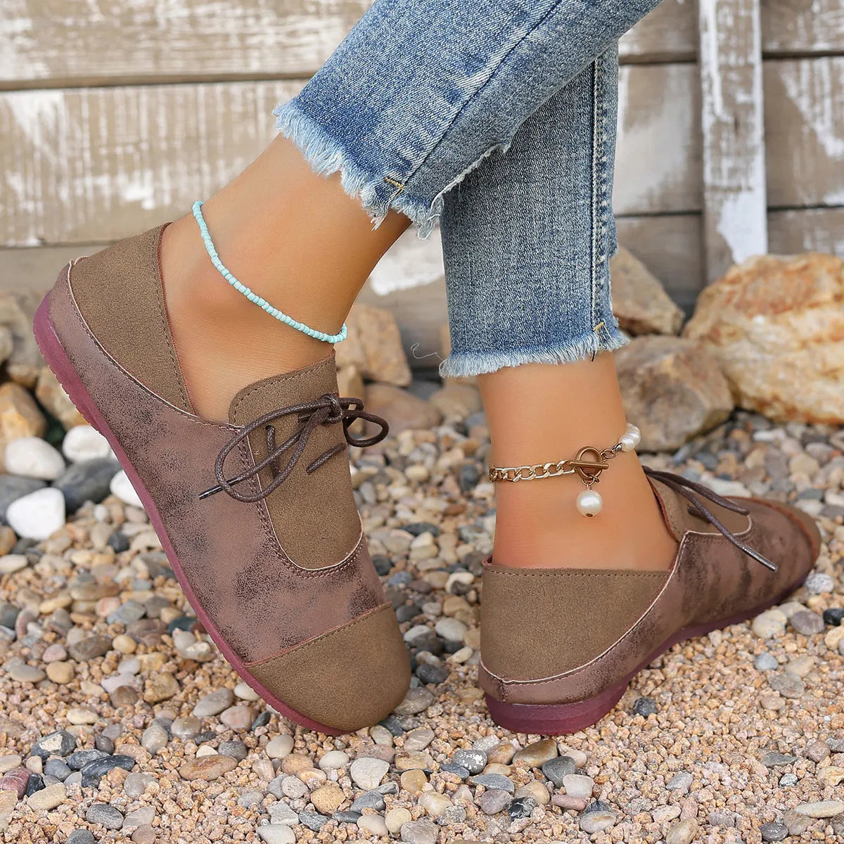 Close-up of the heel of Casual Lace-Up Loafers, showing the comfortable, low heel design.