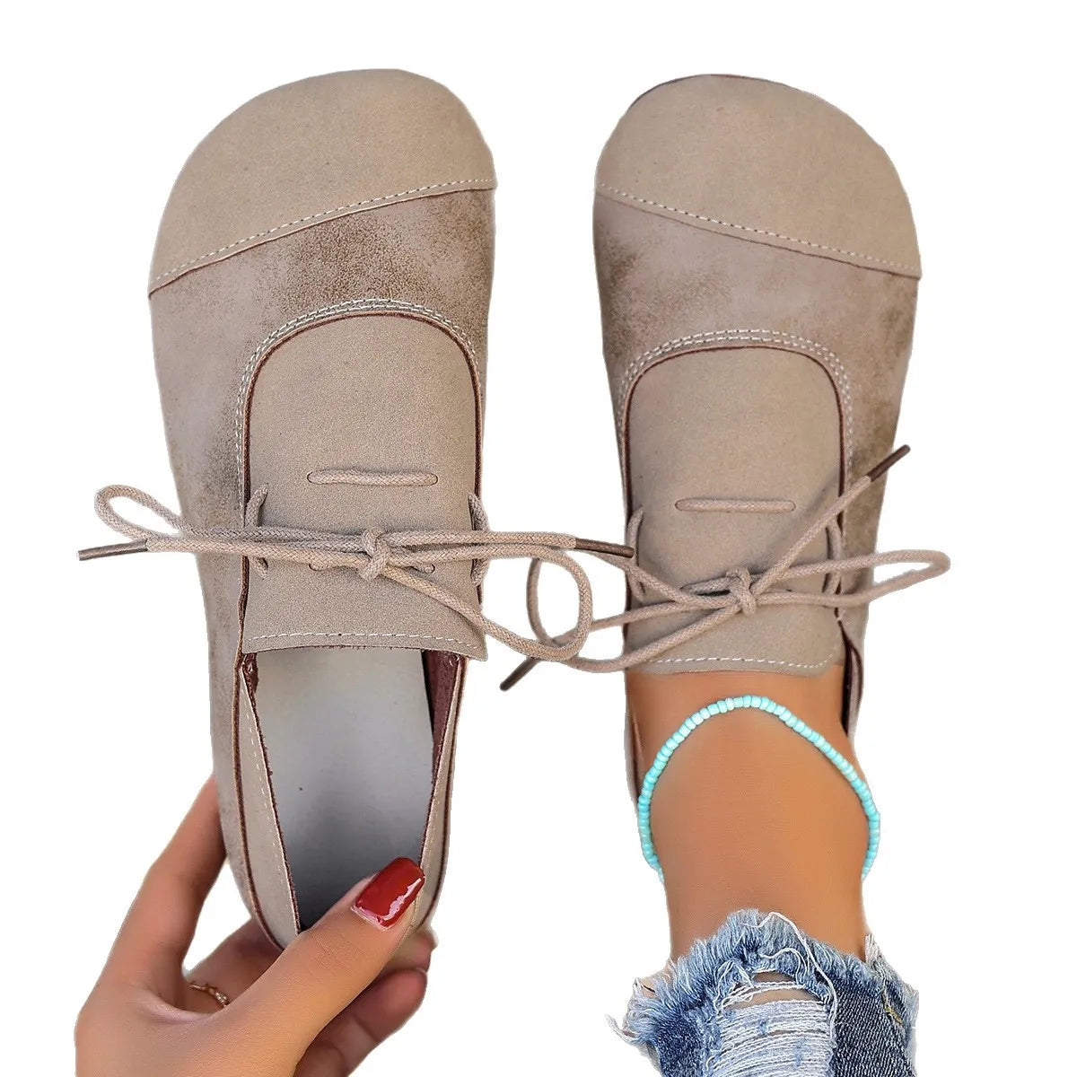 Model wearing Casual Lace-Up Loafers, paired with casual outfit, showing the complete look.