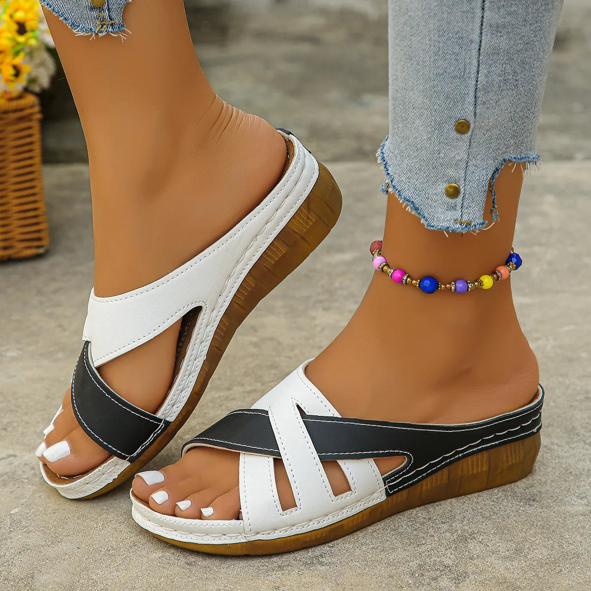 Model wearing Cutout Open Toe Wedge Sandals, showcasing the wedge heel, open toe, and overall fit.