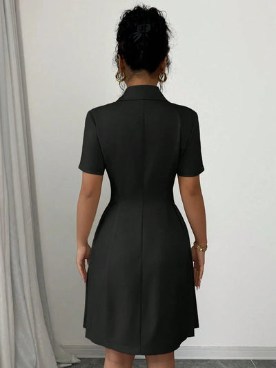 Close-up of the double-breasted buttons on Double Breasted Short Sleeve Dress, highlighting design details and quality.