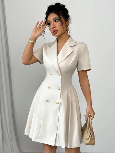 Close-up of the collar on Double Breasted Short Sleeve Dress, emphasizing stitching and tailored craftsmanship.