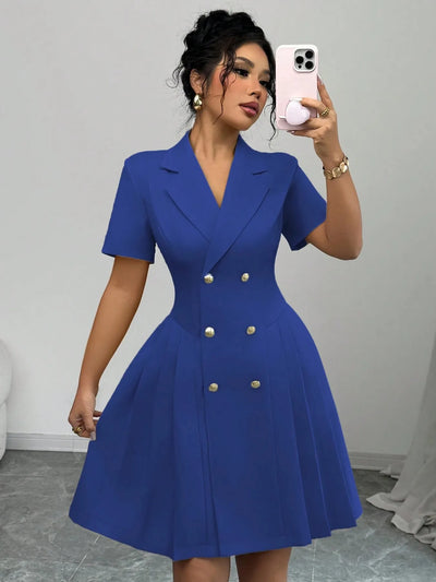 Angled front view of Double Breasted Short Sleeve Dress on model, highlighting double-breasted button details and fit.