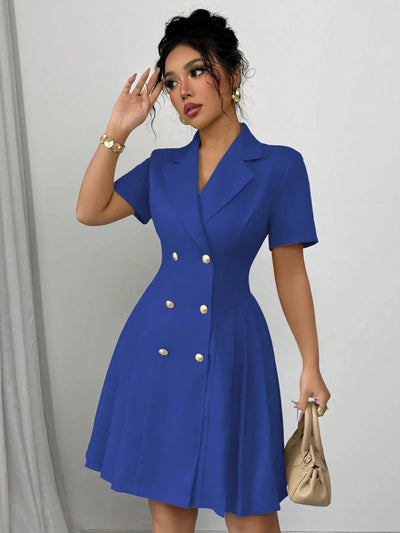 Full-body view of model wearing Double Breasted Short Sleeve Dress, showing complete look and tailored fit.