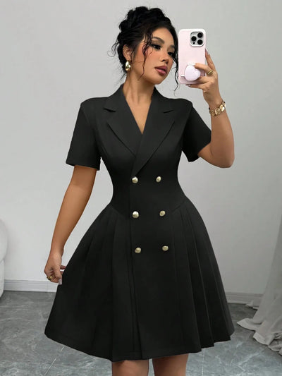 Side view of Double Breasted Short Sleeve Dress, highlighting the tailored fit and short sleeve design.