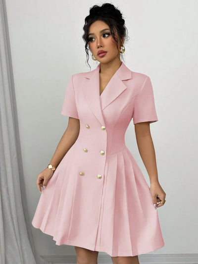Side view of model wearing Double Breasted Short Sleeve Dress, emphasizing tailored fit and short sleeves.