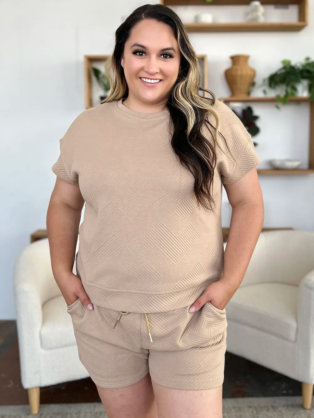 Back view of Double Take Full Size Texture Short Sleeve T-Shirt and Drawstring Shorts Set, showing overall fit and comfort.