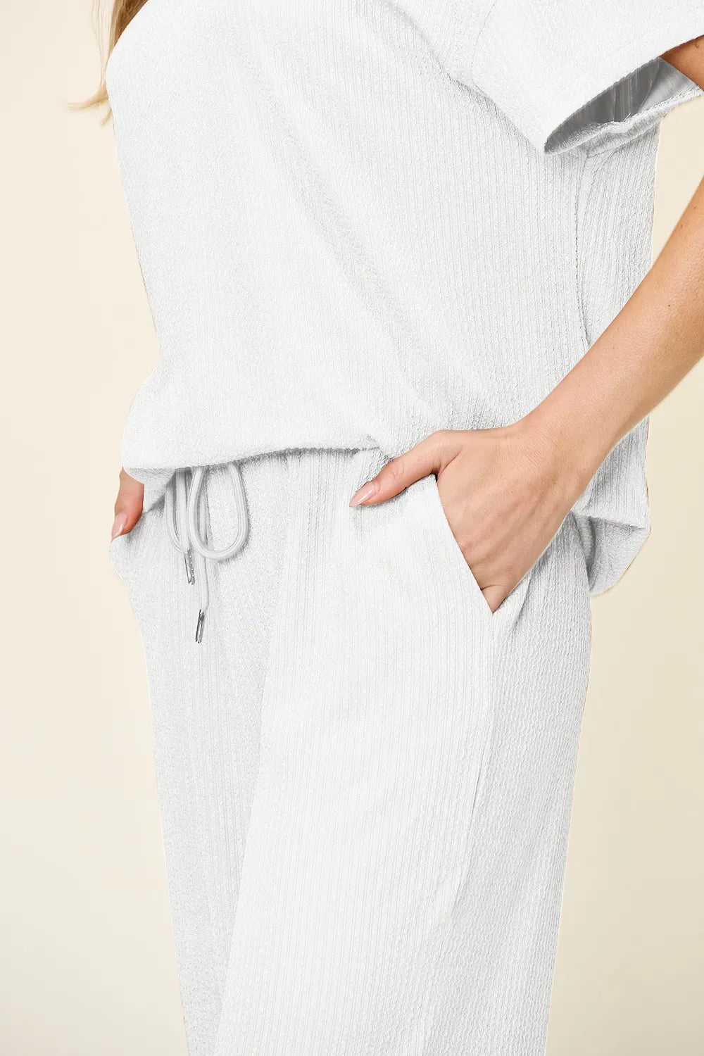 Back view of wide-leg pants in Double Take Texture Set on model, showing relaxed fit and flow.