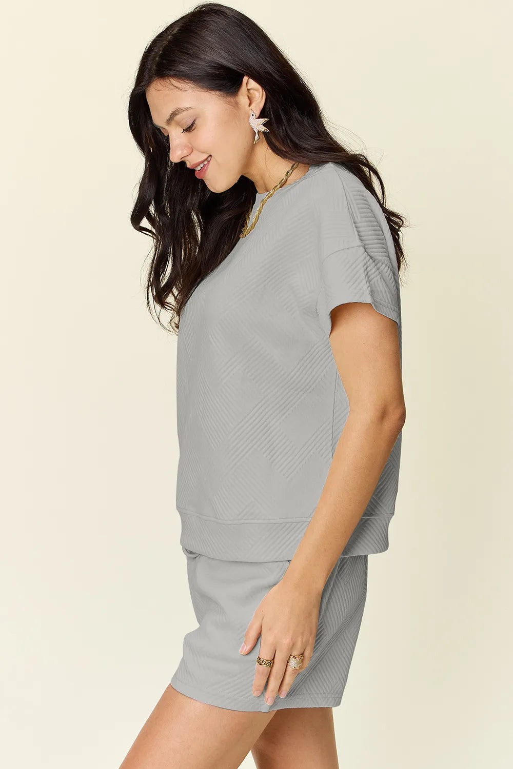 Back view of T-shirt in Double Take Texture Set on model, showing relaxed fit and soft fabric.