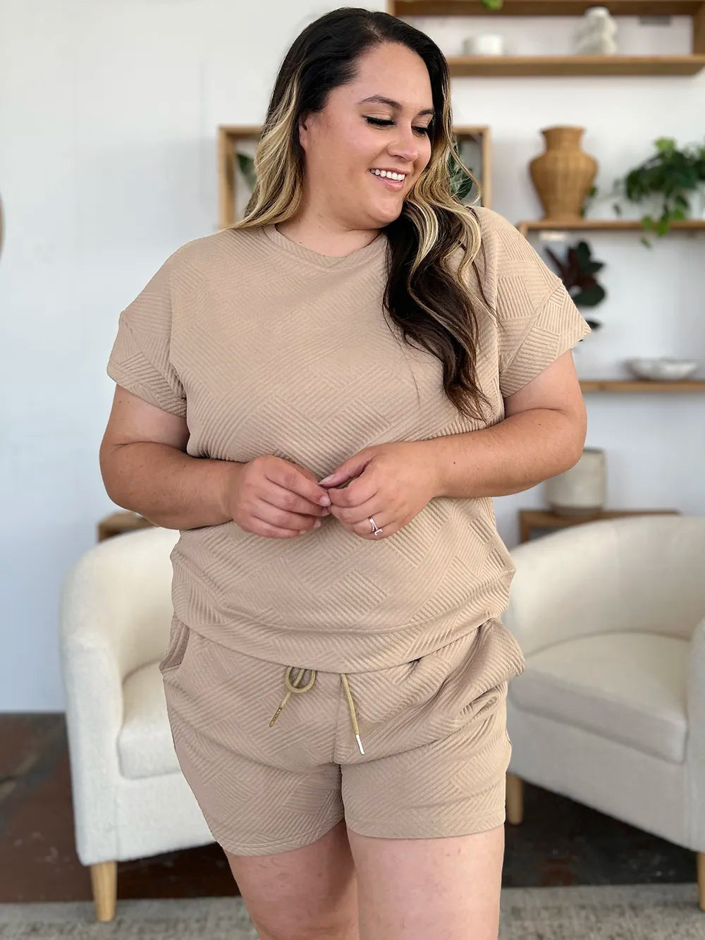 Close-up of the textured short sleeve T-shirt in Double Take Texture Set, highlighting fabric quality and design.