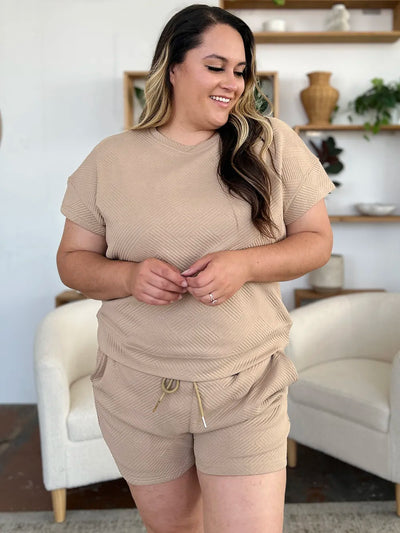 Close-up of the textured short sleeve T-shirt in Double Take Texture Set, highlighting fabric quality and design.