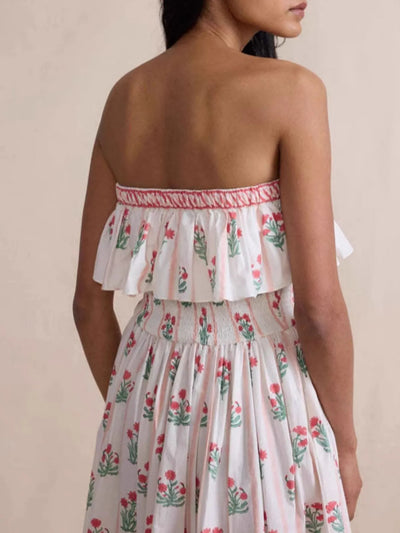 Back view of model wearing Floral Strapless Ruffle Dress, highlighting the layered ruffle design and strapless fit.