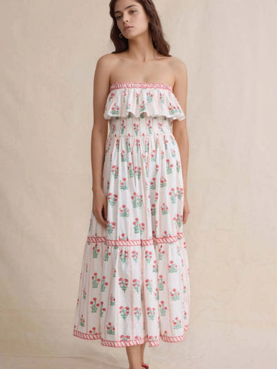 Side view of Floral Strapless Ruffle Dress, showing the flowing ruffles and strapless design for a flattering fit.