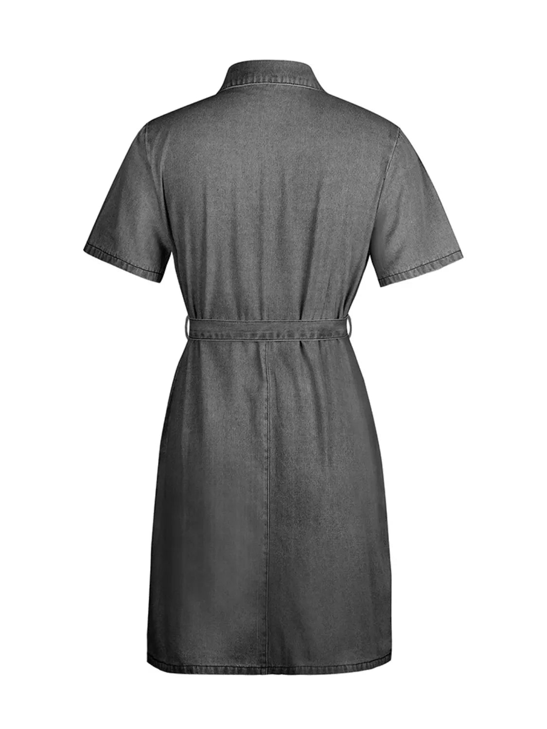Angled back view of Full Size Zip-Front Short Sleeve Denim Dress, highlighting the zipper, back fit, and straight cut.