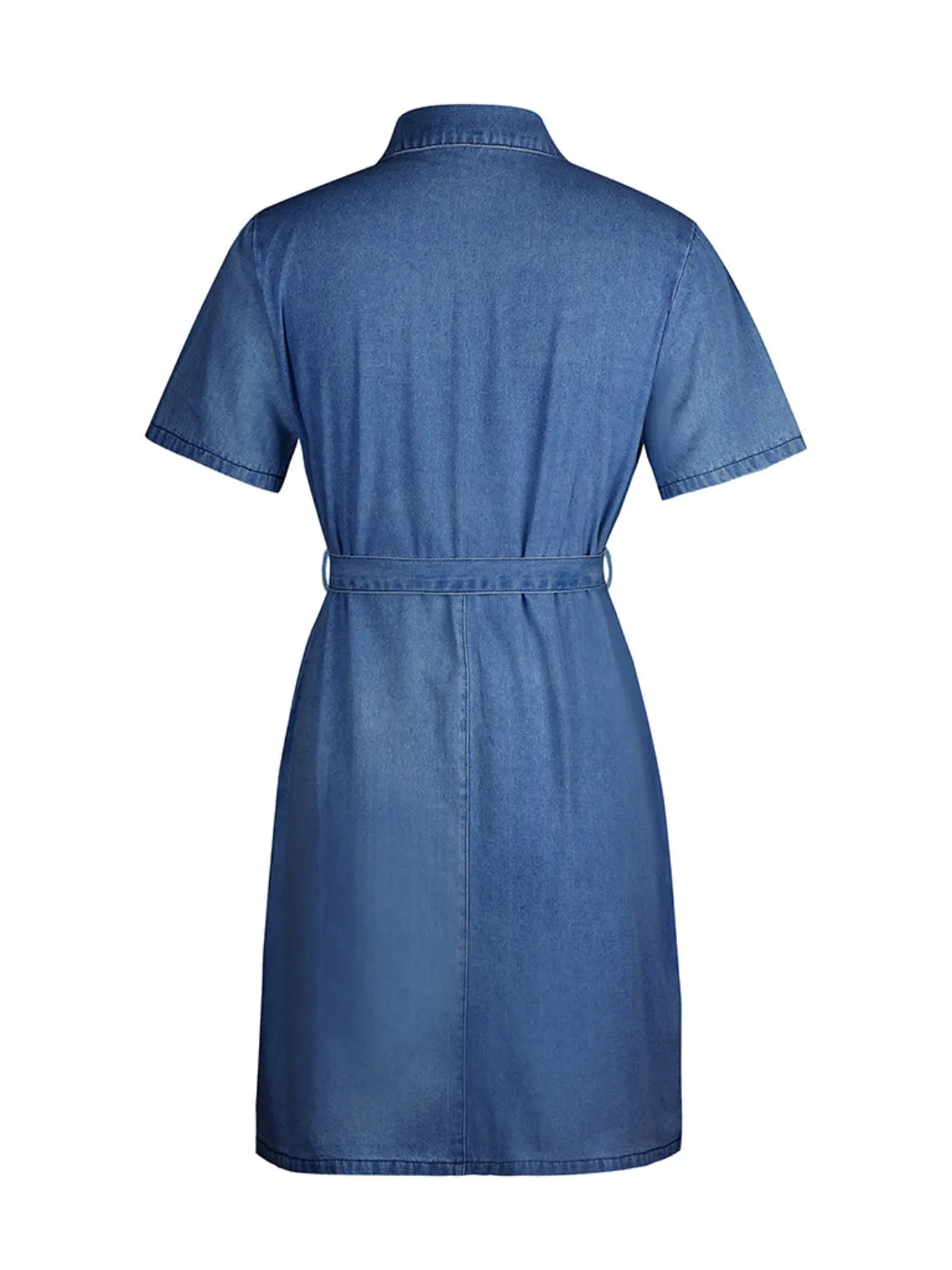 Close-up of the back detailing of Full Size Zip-Front Short Sleeve Denim Dress, showing the seam and zipper.