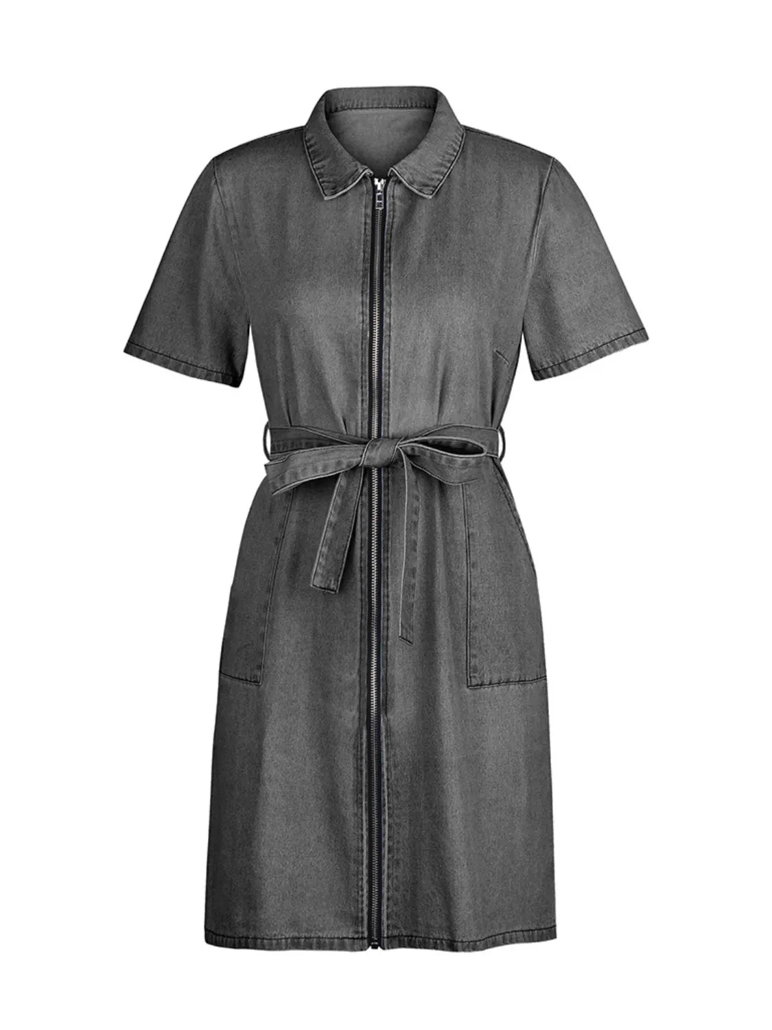 Angled front view of Full Size Zip-Front Short Sleeve Denim Dress, showcasing the zip-front design and fit