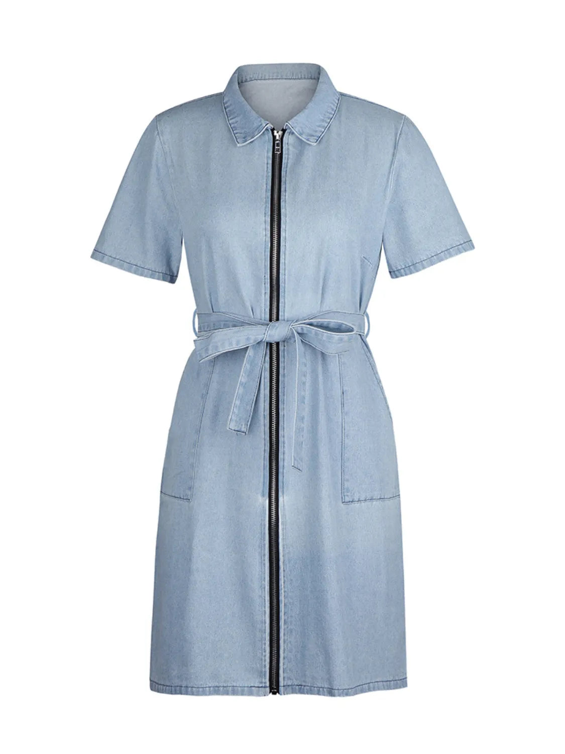 Detailed view of the short sleeves on Full Size Zip-Front Short Sleeve Denim Dress, highlighting the fitted style.