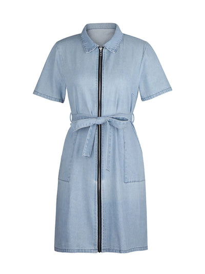 Detailed view of the short sleeves on Full Size Zip-Front Short Sleeve Denim Dress, highlighting the fitted style.