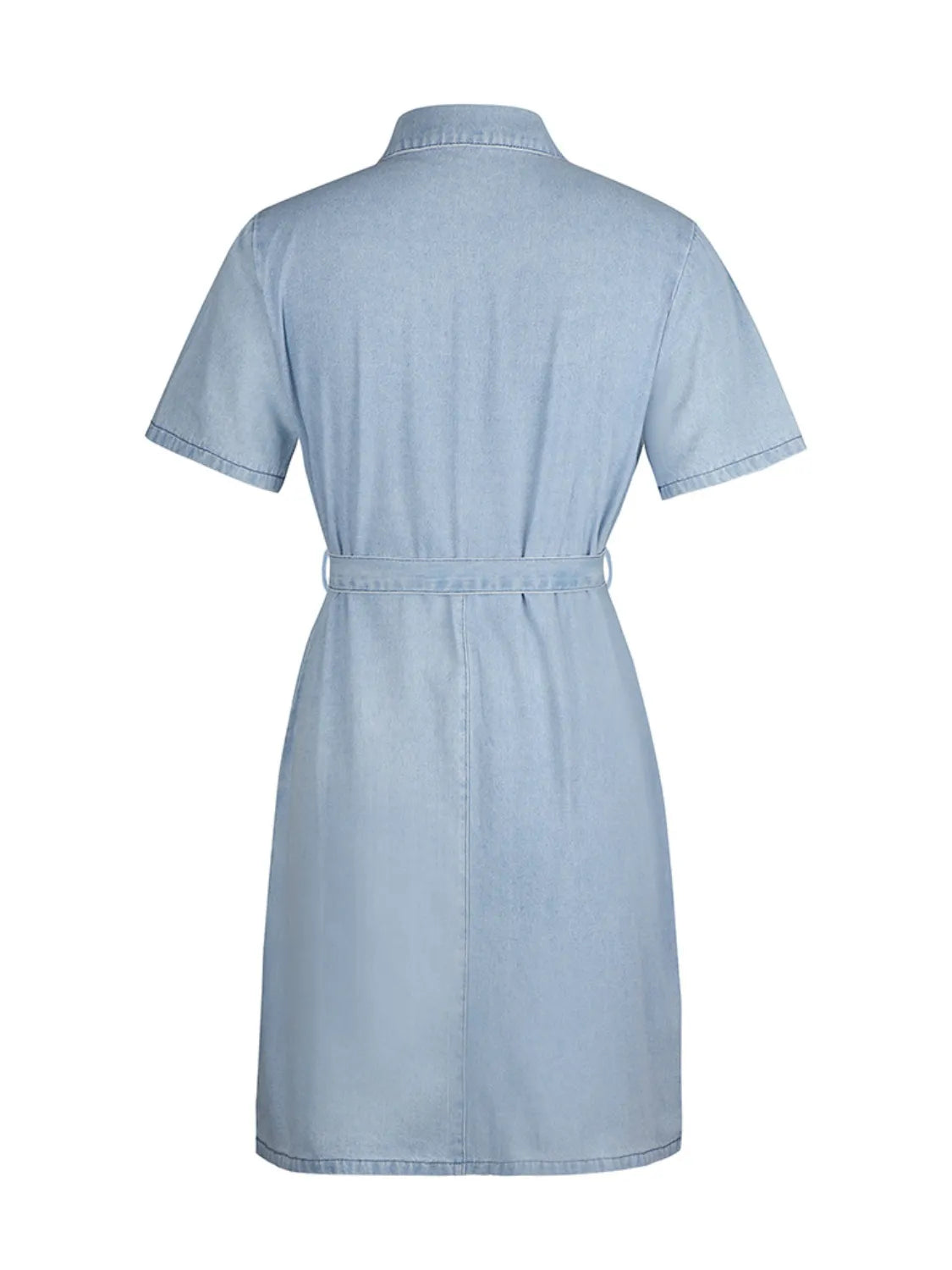 Close-up of the fitted waist on Full Size Zip-Front Short Sleeve Denim Dress, showing flattering shaping for plus-size women.
