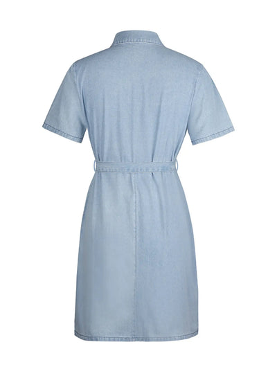 Close-up of the fitted waist on Full Size Zip-Front Short Sleeve Denim Dress, showing flattering shaping for plus-size women.
