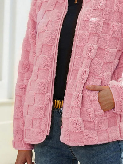 "Close-up of the fuzzy fabric of the Fuzzy Checkered Zip-Up Jacket, highlighting softness and comfort.