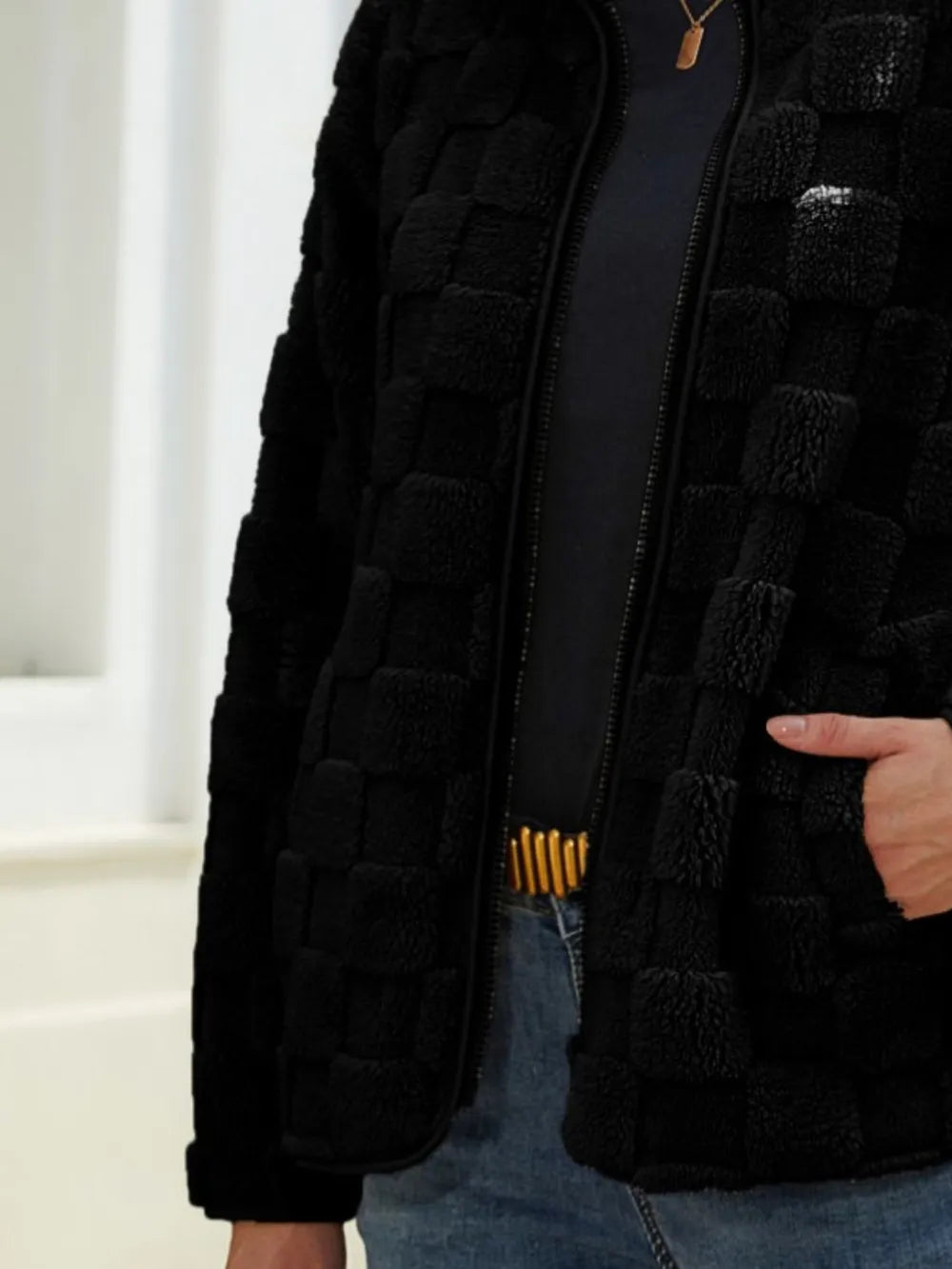 Model wearing the Fuzzy Checkered Zip-Up Jacket, showing the full front view and comfortable fit.
