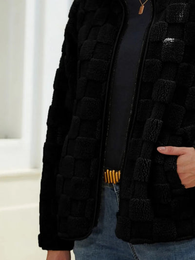 Model wearing the Fuzzy Checkered Zip-Up Jacket, showing the full front view and comfortable fit.
