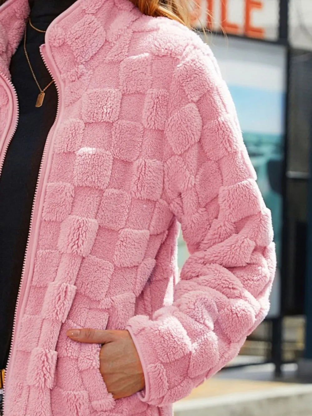 Full front view of Fuzzy Checkered Zip-Up Jacket worn by a model, showing cozy fit and classic checkered style.