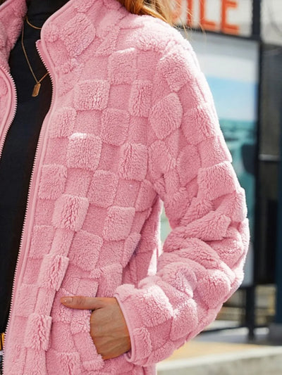 Full front view of Fuzzy Checkered Zip-Up Jacket worn by a model, showing cozy fit and classic checkered style.