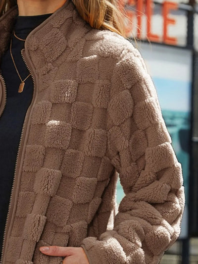 Side view of Fuzzy Checkered Zip-Up Jacket on a model, showing the relaxed fit and fuzzy texture.