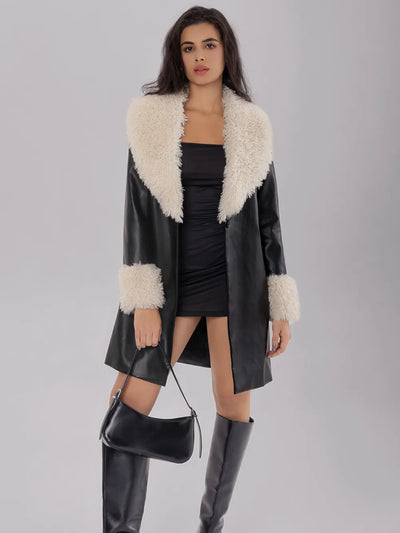 Model wearing Fuzzy Long Sleeve Longline Coat, showing the front view and full relaxed fit.