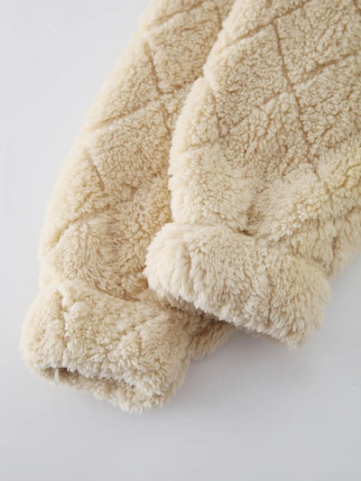 Model wearing the Fuzzy Pocketed Zip-Up Jacket, showing the full front view and relaxed fit.