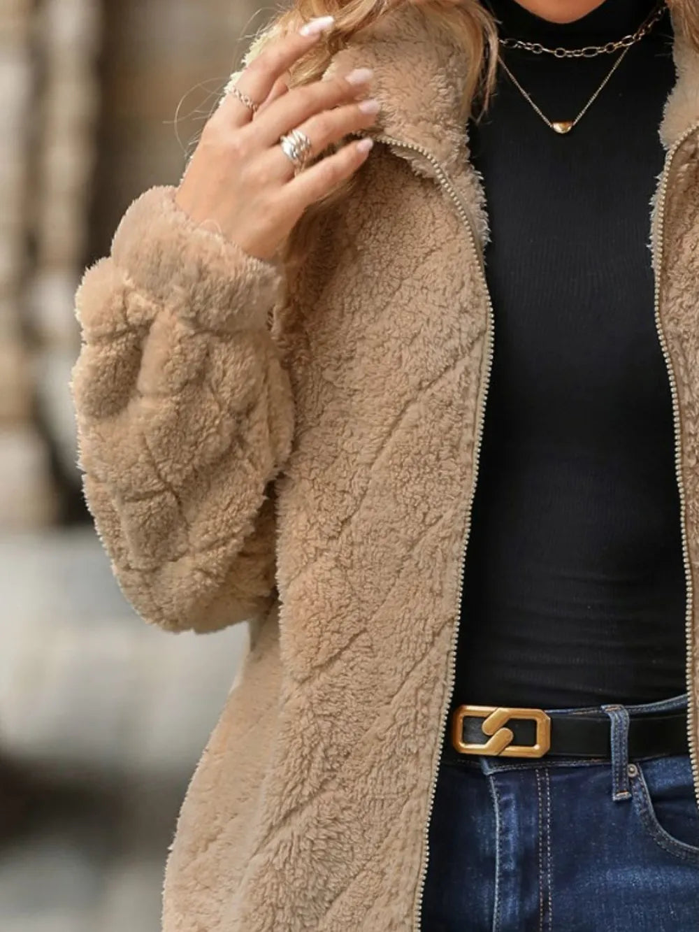 Side view of Fuzzy Pocketed Zip-Up Jacket, showing the relaxed fit and comfortable design.