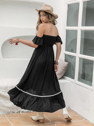 Back view of the High-Low Off-Shoulder Dress, highlighting the off-shoulder neckline and cascading high-low hem.