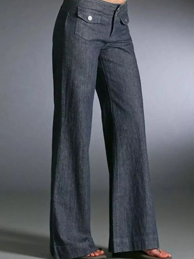 Front view of Full Size High-Waisted Wide Leg Wash Jeans in light blue, showing the wide-leg fit and high-waisted design for plus-size women.