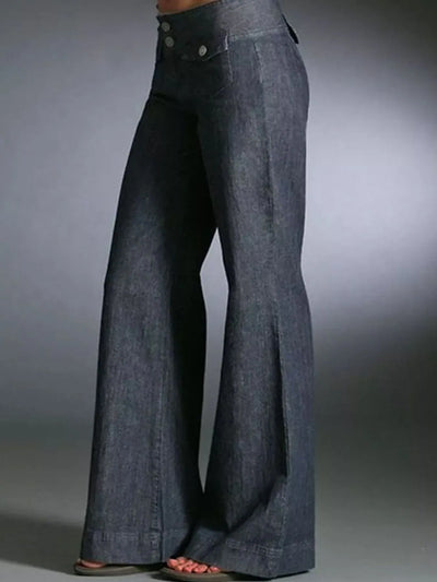 ide view of Full Size High-Waisted Wide Leg Wash Jeans, highlighting the wide-leg silhouette and relaxed fit.